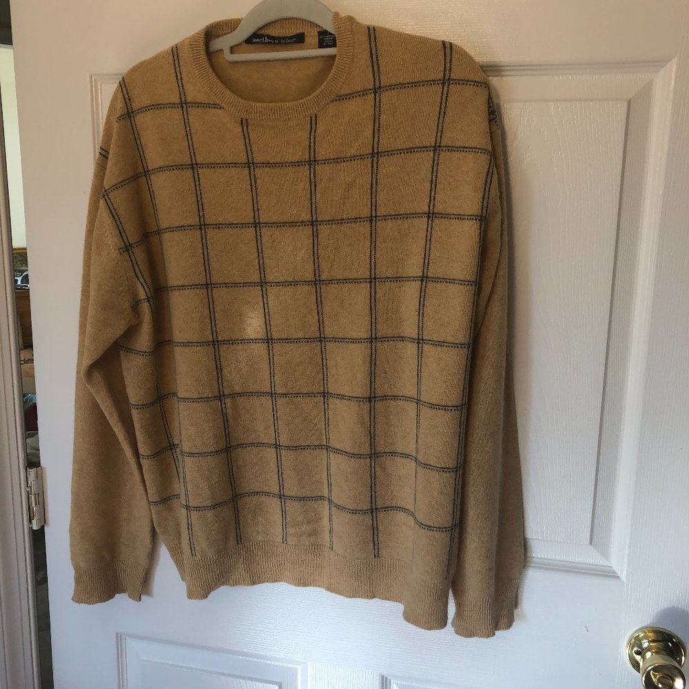 Northern Isles yellow cream striped brown men merino sweater, XL